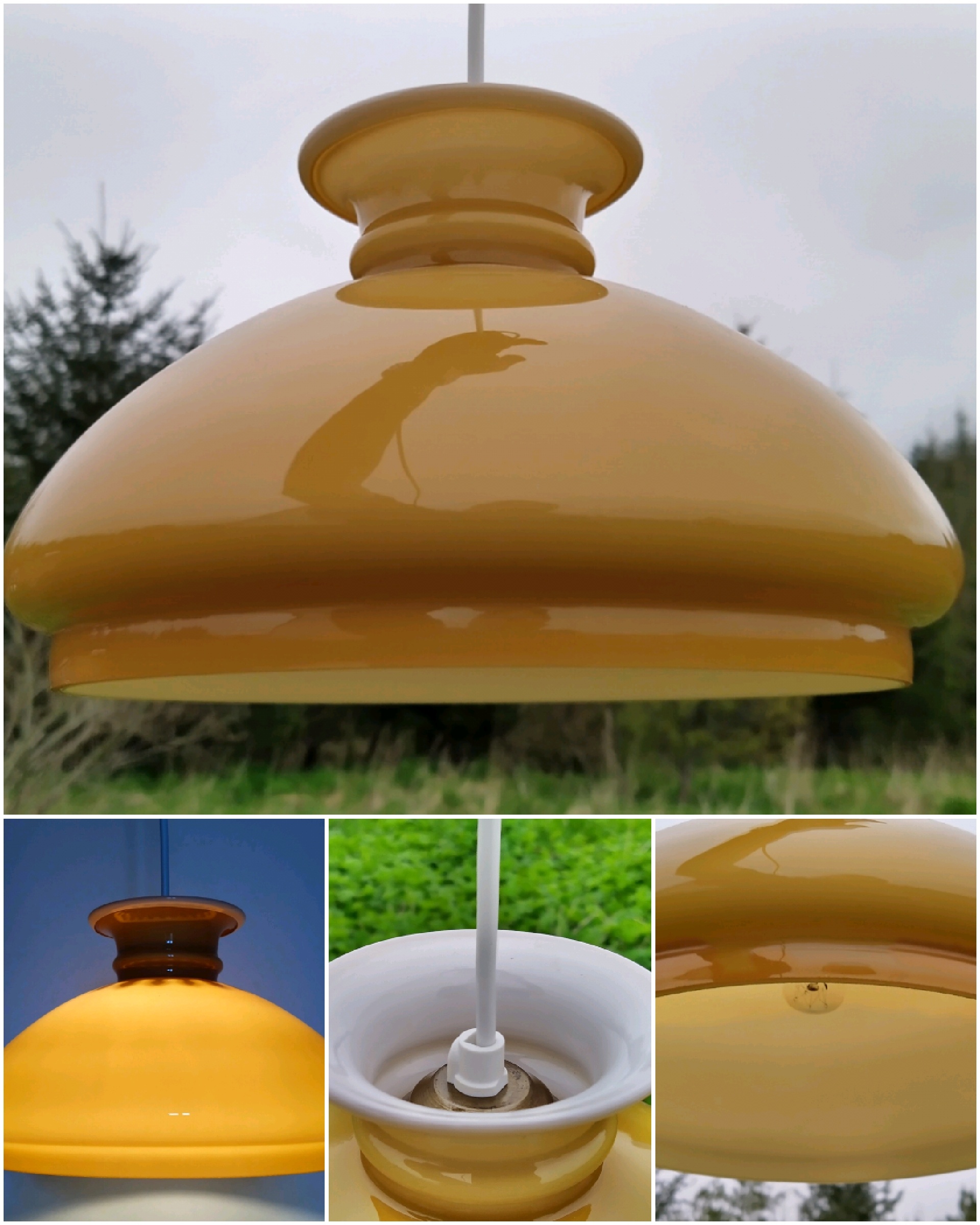 Mørk sandfarvet Holmegaard upcycled glaspendel. Smuk pendel til stuen. 26 cm