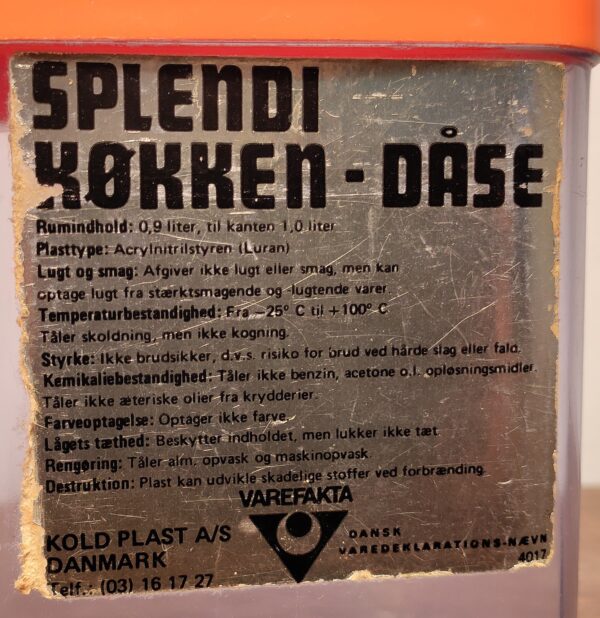 Splendi orange køkken dåse i dansk design af Erik kold. 0,9 liter.