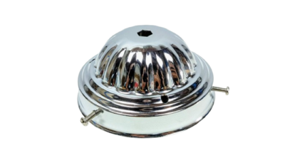 Stor 10,2 cm lampeglas holder med 3 skruer i krom. Glaslampe ophæng i forkromet stål - rund stor model.