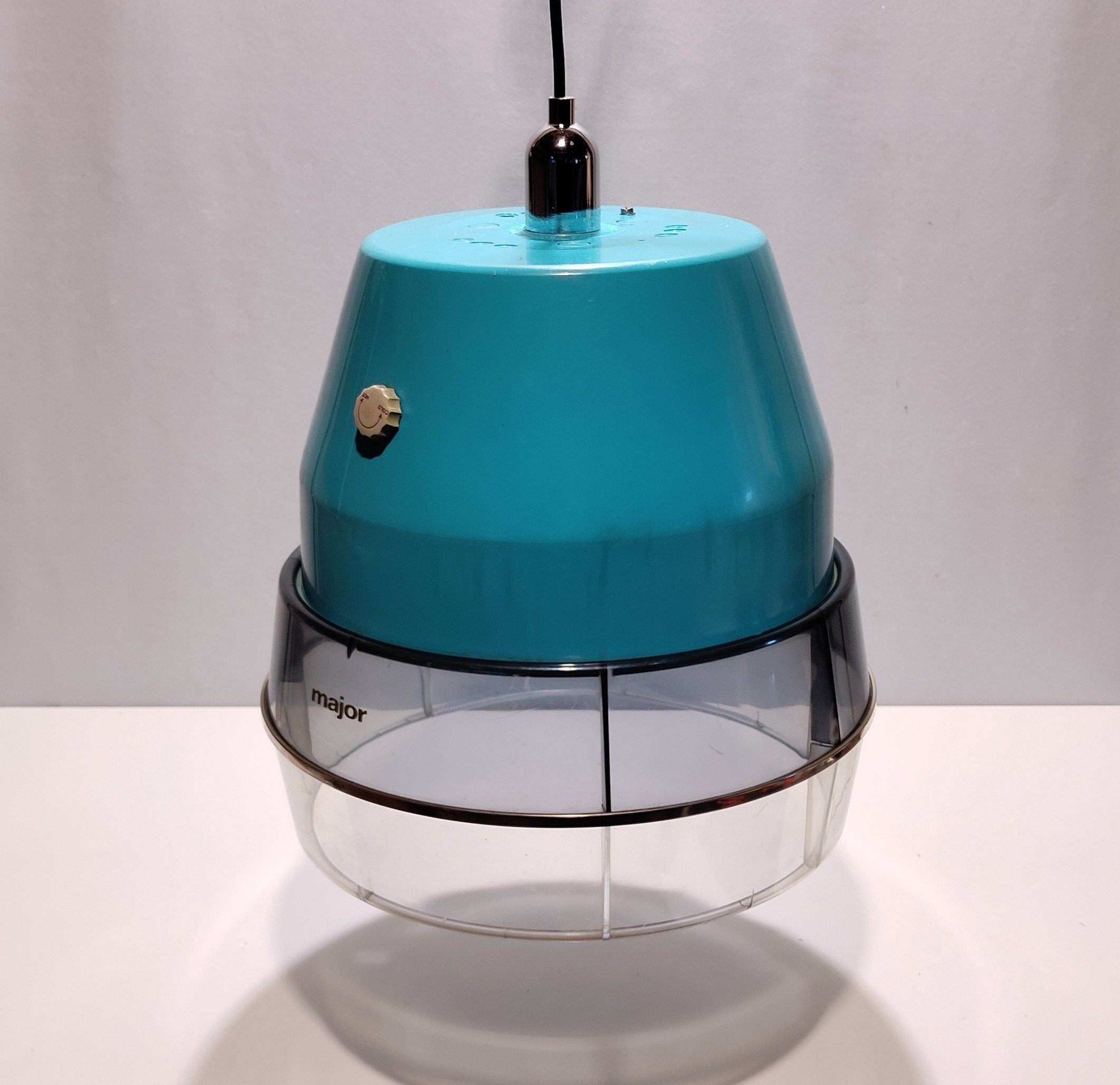 Major tørrehjelmen type 350693 i mint blå fra 1950, der blev til en loftlampe. Unika custom made. Alt el er nyt. Ø32 cm. – produktbillede 1 – Loftlamper