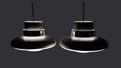 Unika sæt med 2 upcyclede 1970 loft lamper. Fremstår ny i råt industri look. Aluminium. Nyt el. Ø35. Sætpris. Læs mere