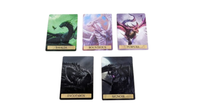 Komplet sæt med 5 dungeon and Dragons drage monstre kort. NYE. Promotion kort. Rayalda, Bounteous, Purpura, Escotarox og Signoir. Sætpris