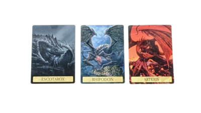 Sæt med 3 dungeon and Dragons drage monstre kort. Promotion kort. Arteris, Rhipodon og Escotarox. Sætpris