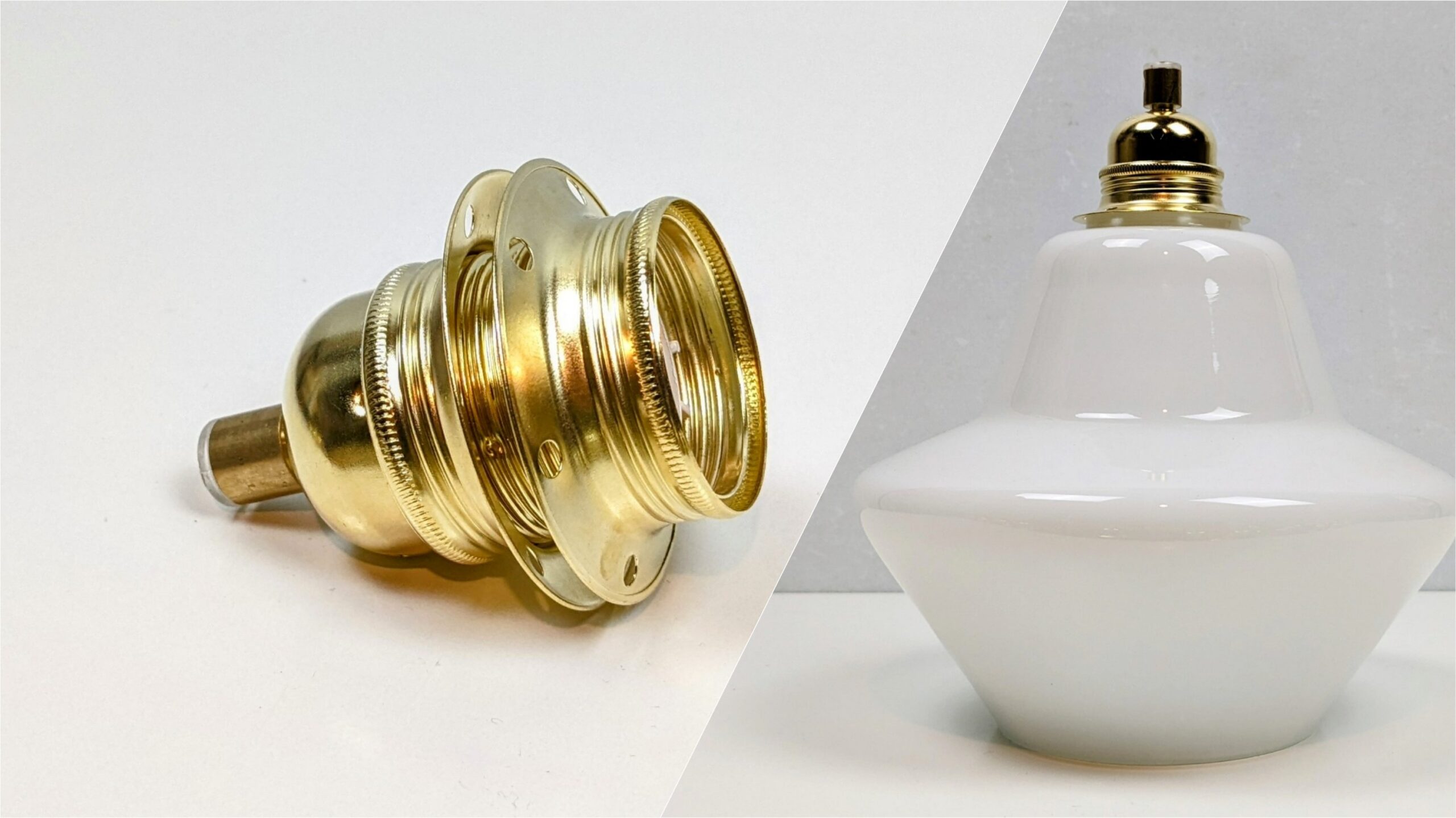 Messing glasholdersæt og fatning E27 til antikke Holmegaard lampeglas med 40-48 mm centerhul.