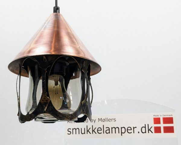 Gotisk loftlampe i glas og kobber. 1980. Nyt el. Ø20. Hyggelig unika. Læs mere