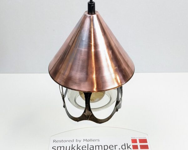 Gotisk loftlampe i glas og kobber. 1980. Nyt el. Ø20. Hyggelig unika. Læs mere