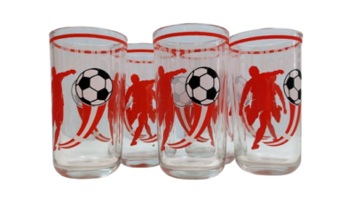 5 stk retro fodbold limonade glas. 250 ml. Mrk. Danmark. Perfekt gave. Sætpris