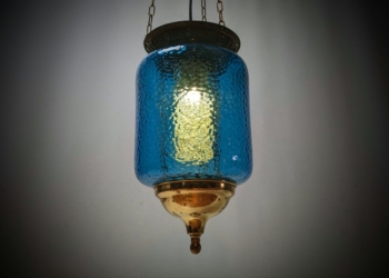 Turkis blå antik ampel pendel. Nyt el. Upcyclet til loftlampe. Ø18. Læs mere.