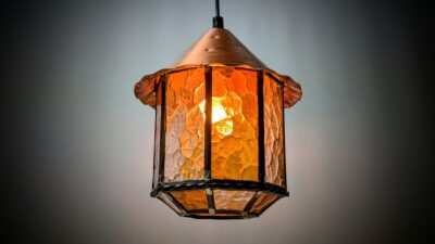 Klassisk lysthus lampe i glas og kobber. 1970. Nyt el. Ø18.