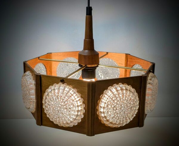 Skandinavisk loftlampe i Teak og glas. 1960. Ø38. Nyt el m.m