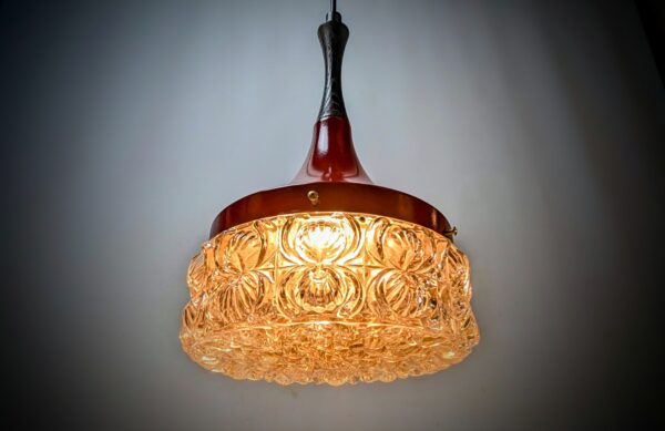 Vintage plafond lampe 1970. Nyt el. Ø21. Bordeaux rød ophæng. Ubrugt glas. 35 cm høj. Hav glas.