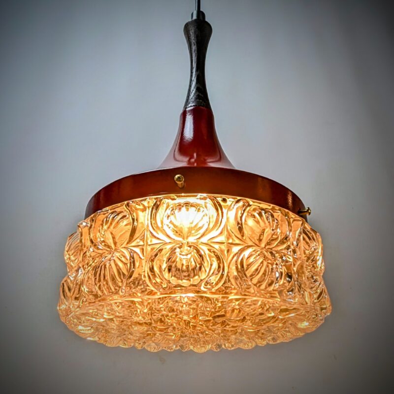 Vintage plafond lampe 1970. Nyt el. Ø21. Bordeaux rød ophæng. Ubrugt glas. 35 cm høj. Hav glas.