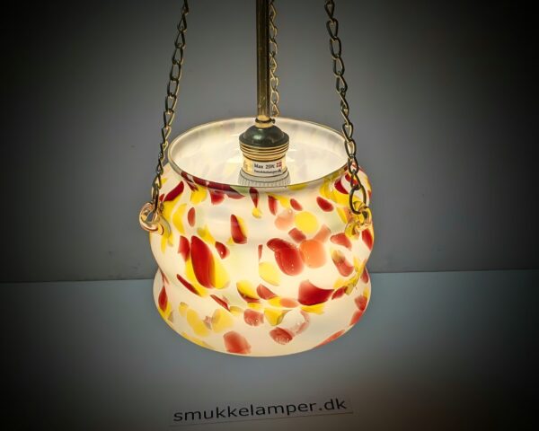 Skøn håndlavet italiensk tutti frutti glas lampe. 1970. Ø16. 60 cm fast nedhæng. Messing. m.m