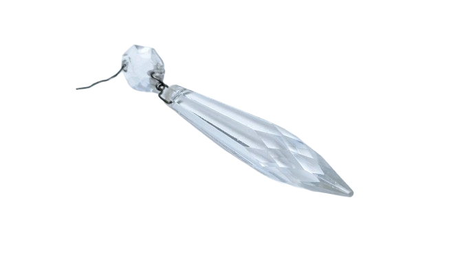 Krystal prisme m. ophæng til 1960 lysekrone. Slebet 83 mm lang. Is perle – fransk battant