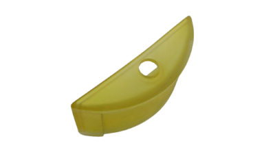 Sjældent lampeglas Gult. 175 mm lang. Kvart cirkel. 90 mm bred. Hul 21,5 mm.