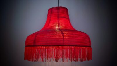 Skøn rød gul rispapir lampe fra 1970. Ubrugt - Ny. Ø38. Nyt el.