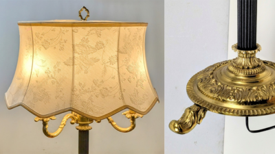 Eksklusiv Herskabelig Gulvlampe i Messing, Træ og Stofskærm - Klassisk Elegance, Pickup only