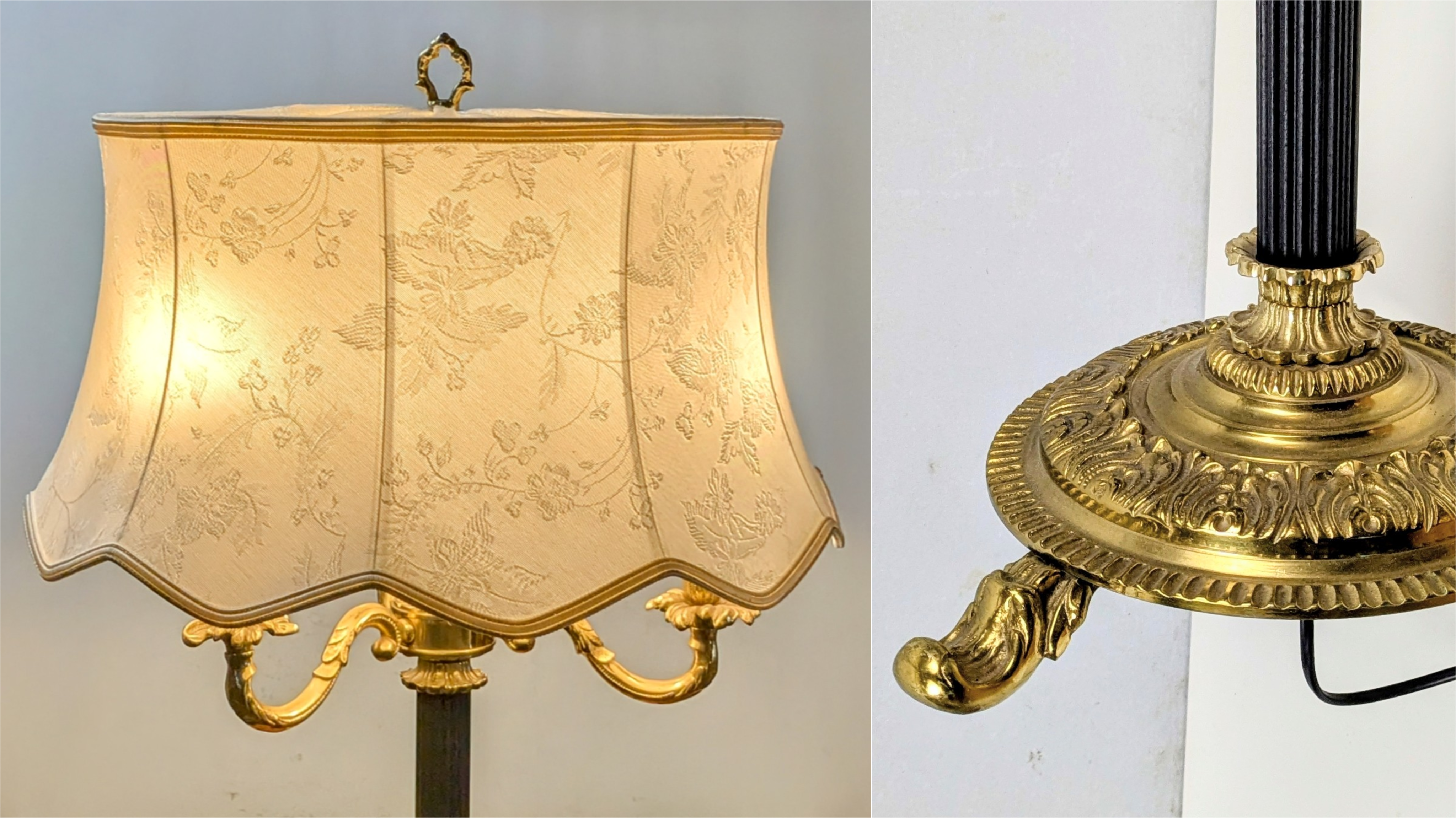 Eksklusiv Herskabelig Gulvlampe i Messing, Træ og Stofskærm – Klassisk Elegance, Pickup only