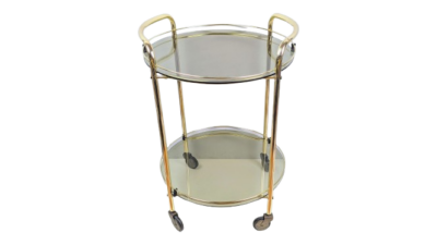 Barvogn i messing og Mørk tonet glas. 63 cmH. Ø44. Pickup only.