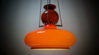 Storslået Wiktor Berndt lampe 1960.Flygsfors glasbruk. Restored. Mørk ravfarvet/okker. Nyt el. Pickup only. Ø35
