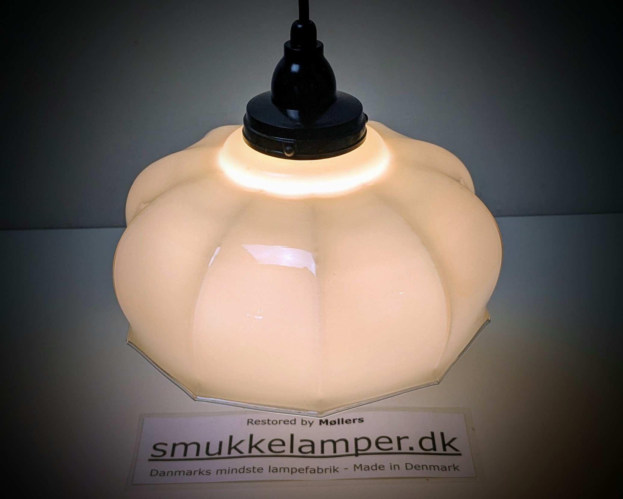 Skøn antik sandfarvet paraply glaslampe 1930. Nyt el. Bakelit ophæng. Ø23. - Billede 2