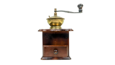 Skøn antik kaffekværn i træ i messing. Virker. 25 cmH.