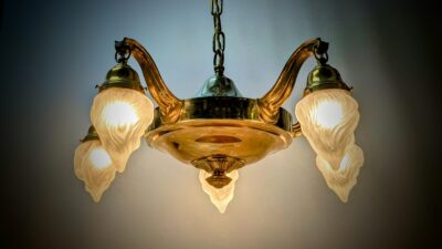 Antik 5 armet fransk art deco lysekrone i messing. Ø55. 1940. Liebhaver. Pickup only