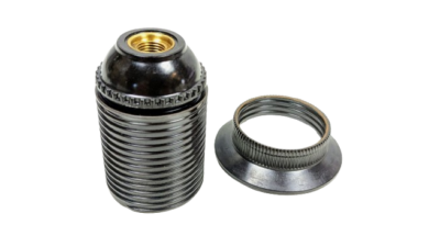 Brun mørk bakelit fatning E27 fra 1960. Med 1/1 gevind og omløber.