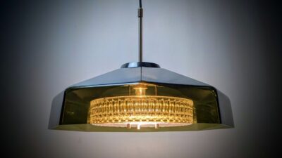 Mid-Century Luxus fra 1960. Håndblæst Glaspendel i Dyb Olivengrøn. Ø48. Nyt el. Pickup only.