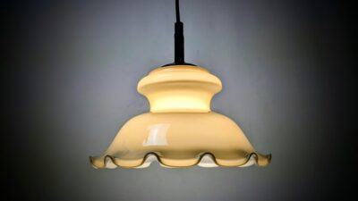 Vintage Glaspendel ca. 1980 – Ravgrå farvet Opalglas med | Restaureret. Ø27.