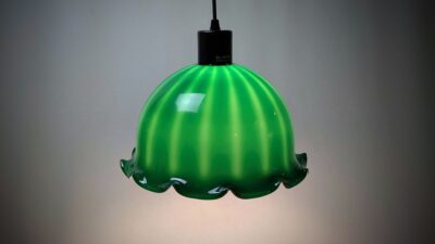 Vintage skandinavisk grøn glaspendel 1960 – fuldt restaureret Ø30cm. Nyt el m.m