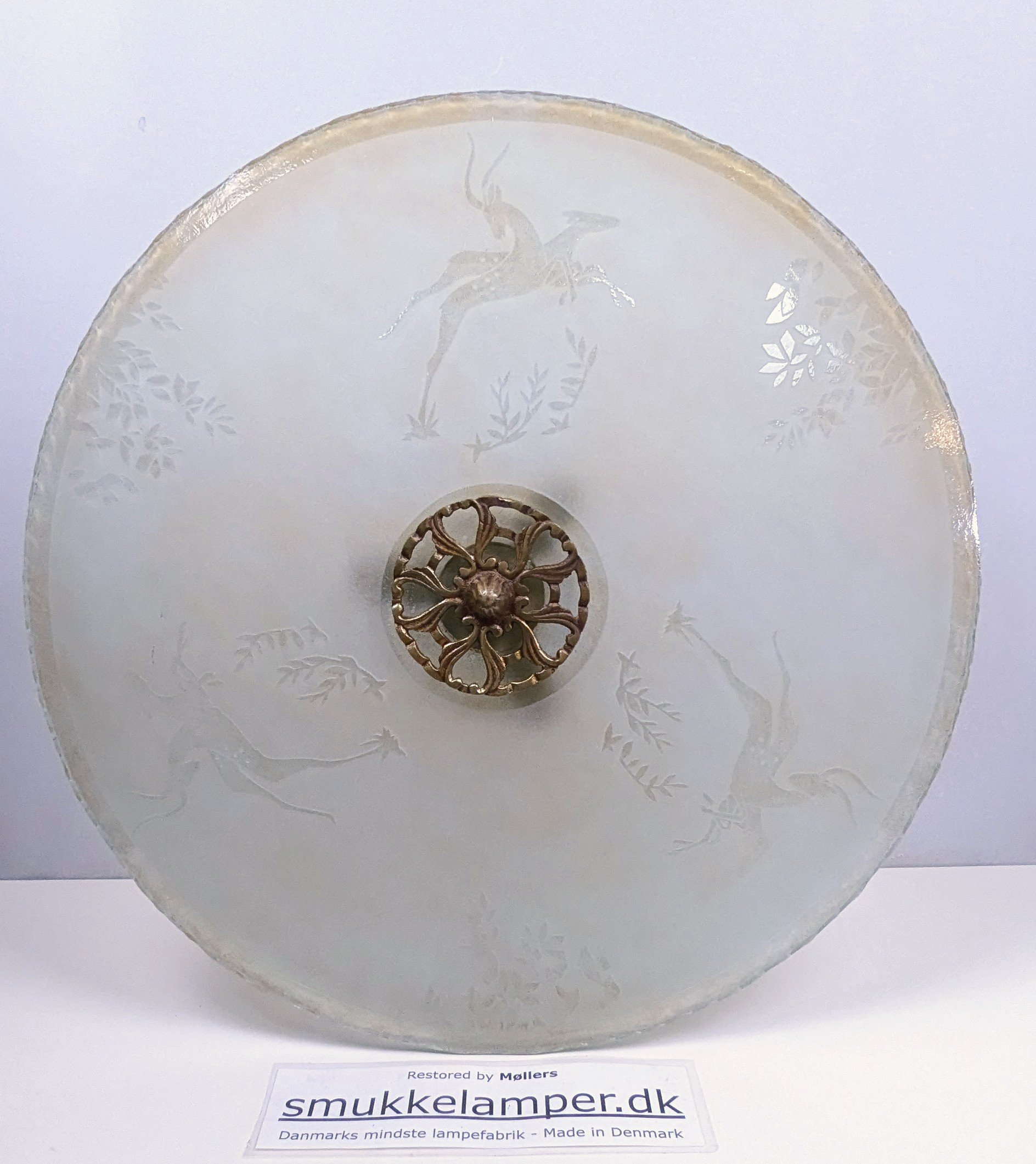 Storslået Art Deco loftplafond i mønstret glas – ca. 1920’erne – Ø59 cm. Historisk belysning. Pickup only