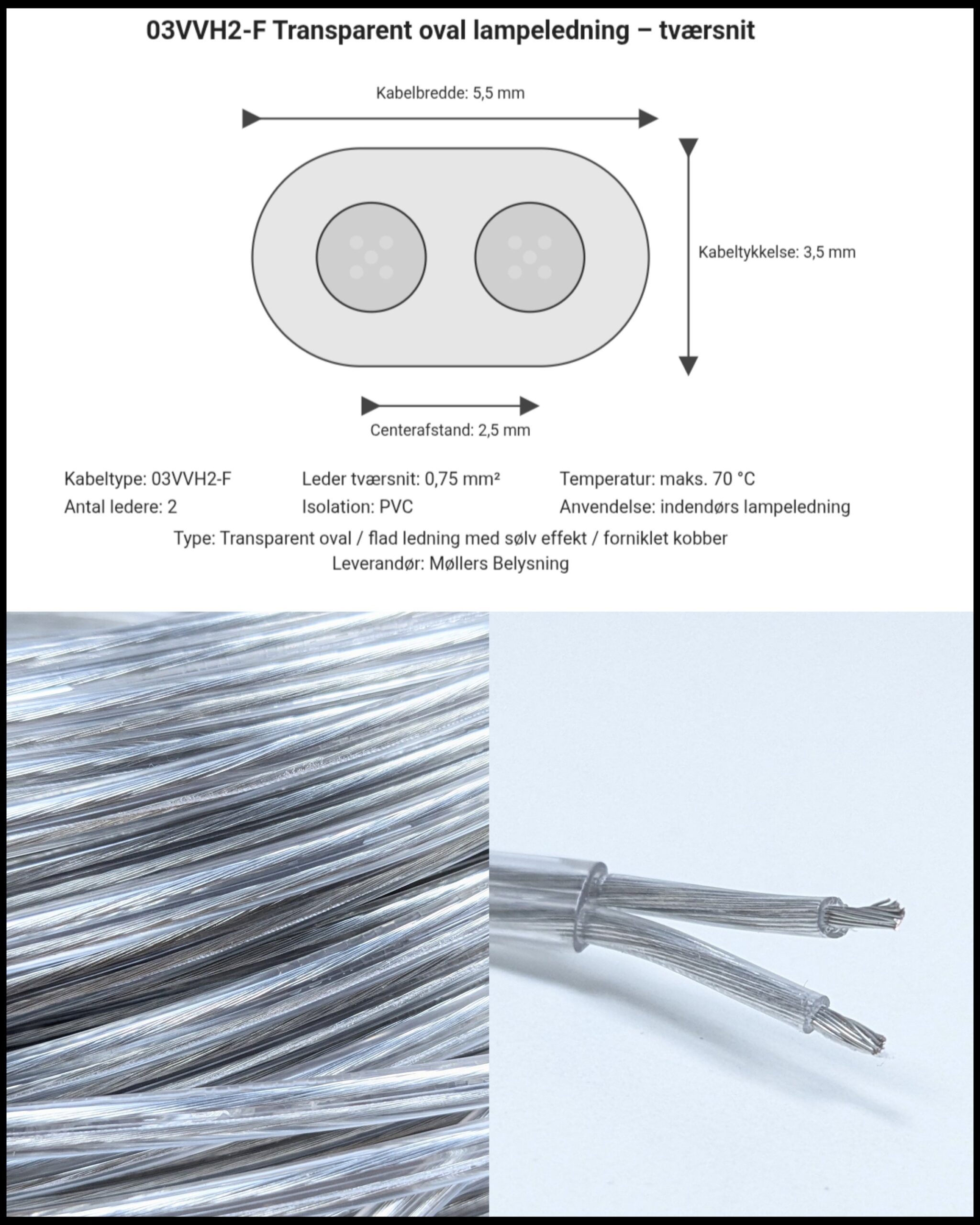 Flad oval Transparent ledning 5 meter. Interiør de luxe style
2×0,75 mm2.