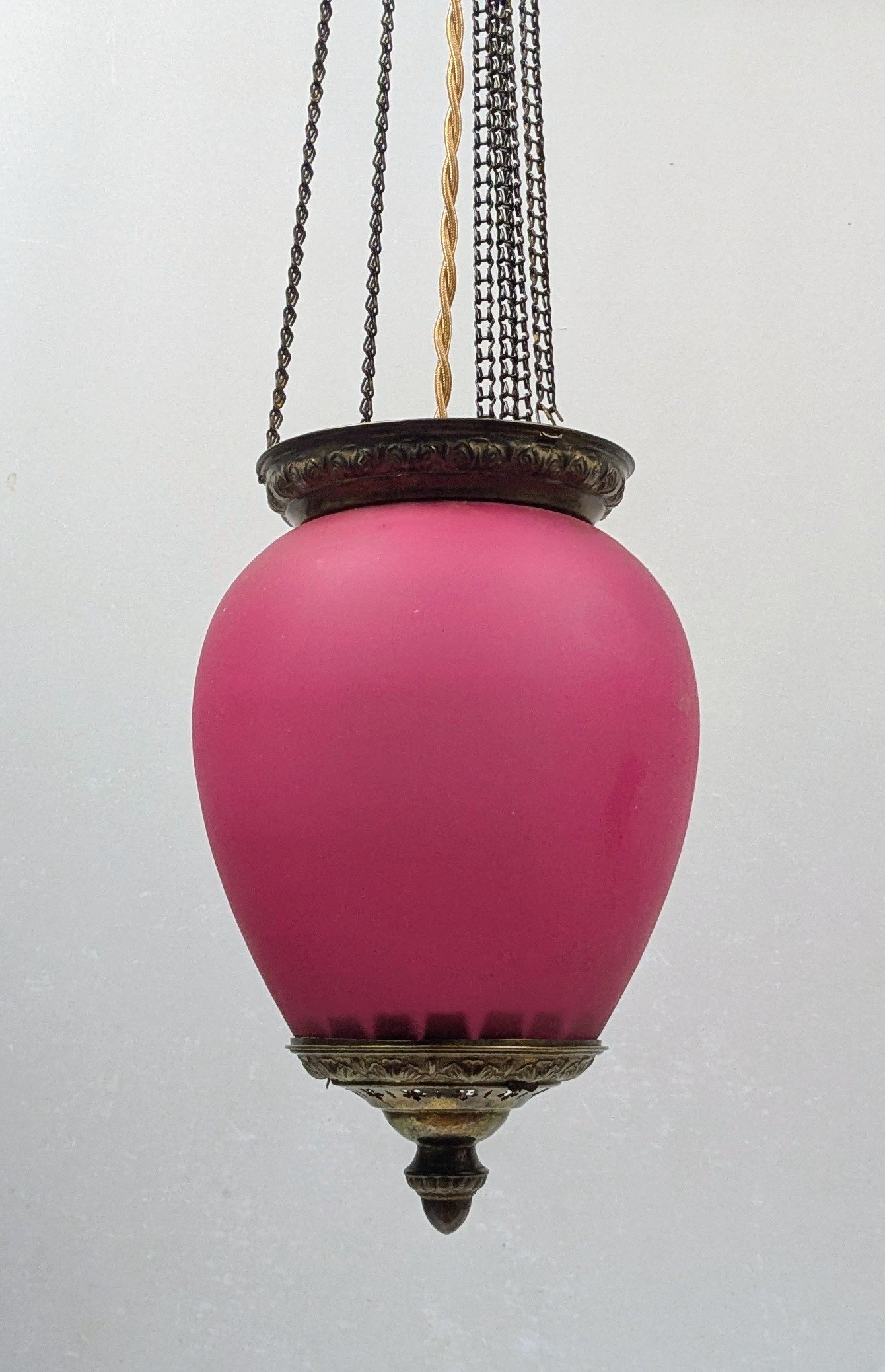 Skøn Dansk Antik lyserød ampel. 1890. Nyt el. Ø19. 70 cm fast nedhæng. Fyens Glasværk Pickup only