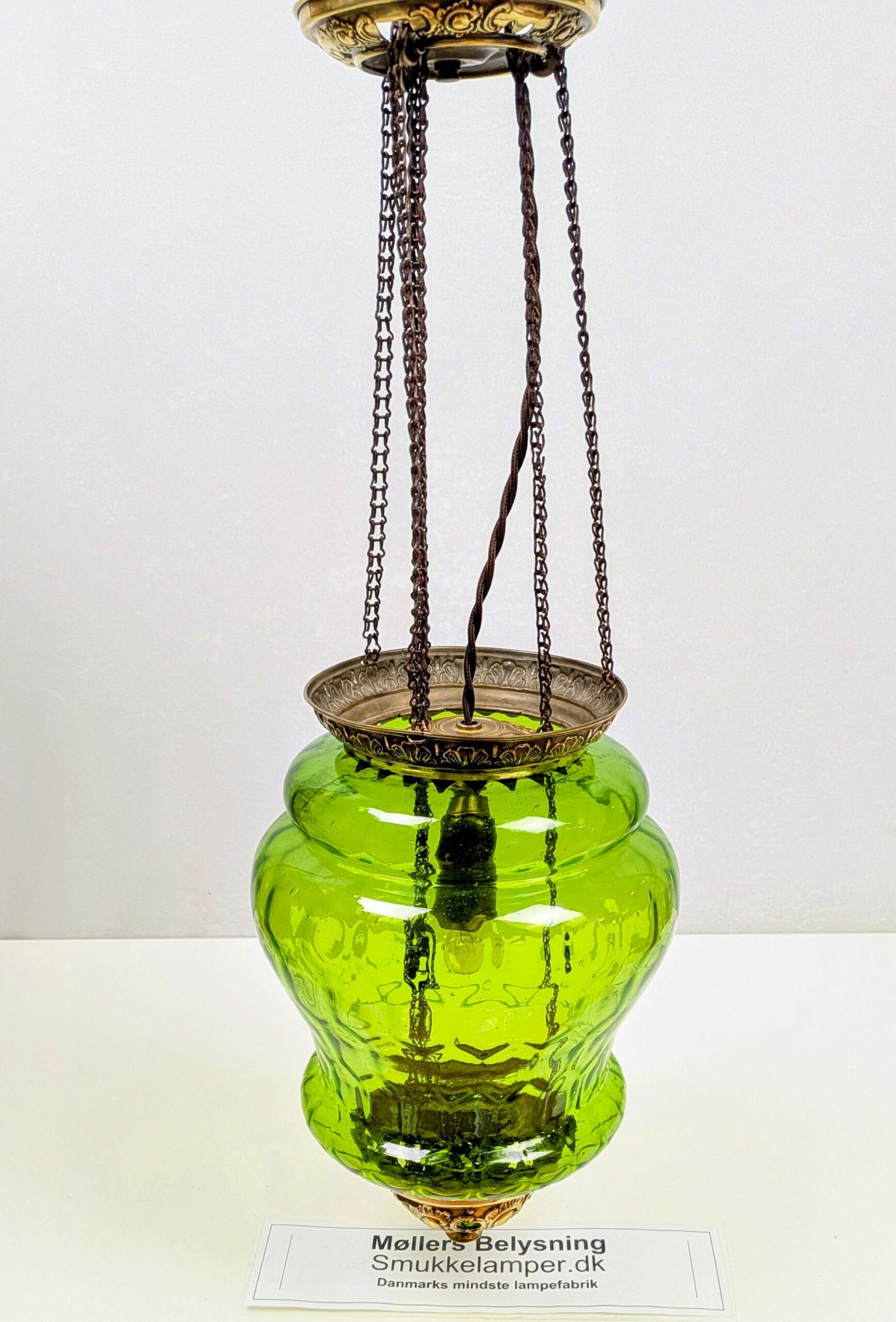 Skøn dansk Antik ampel i grønt glas. Nyt el. 1890. 63 cm nedhæng. Ø20 – produktbillede 3 – Orangeri og udestue belysning