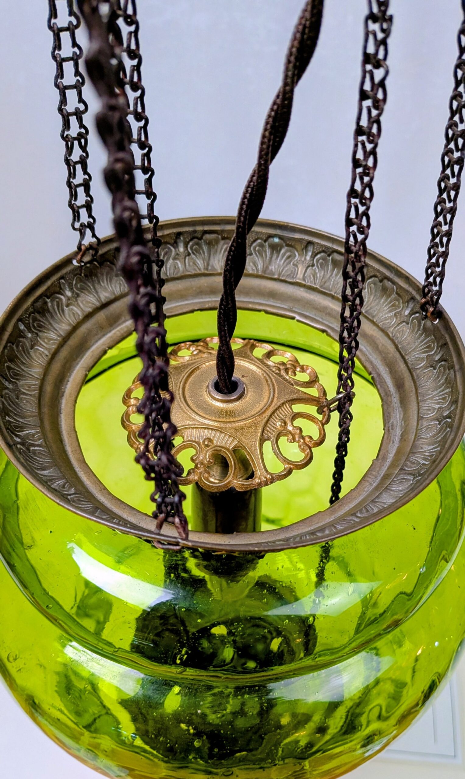 Skøn dansk Antik ampel i grønt glas. Nyt el. 1890. 63 cm nedhæng. Ø20 – produktbillede 4 – Orangeri og udestue belysning