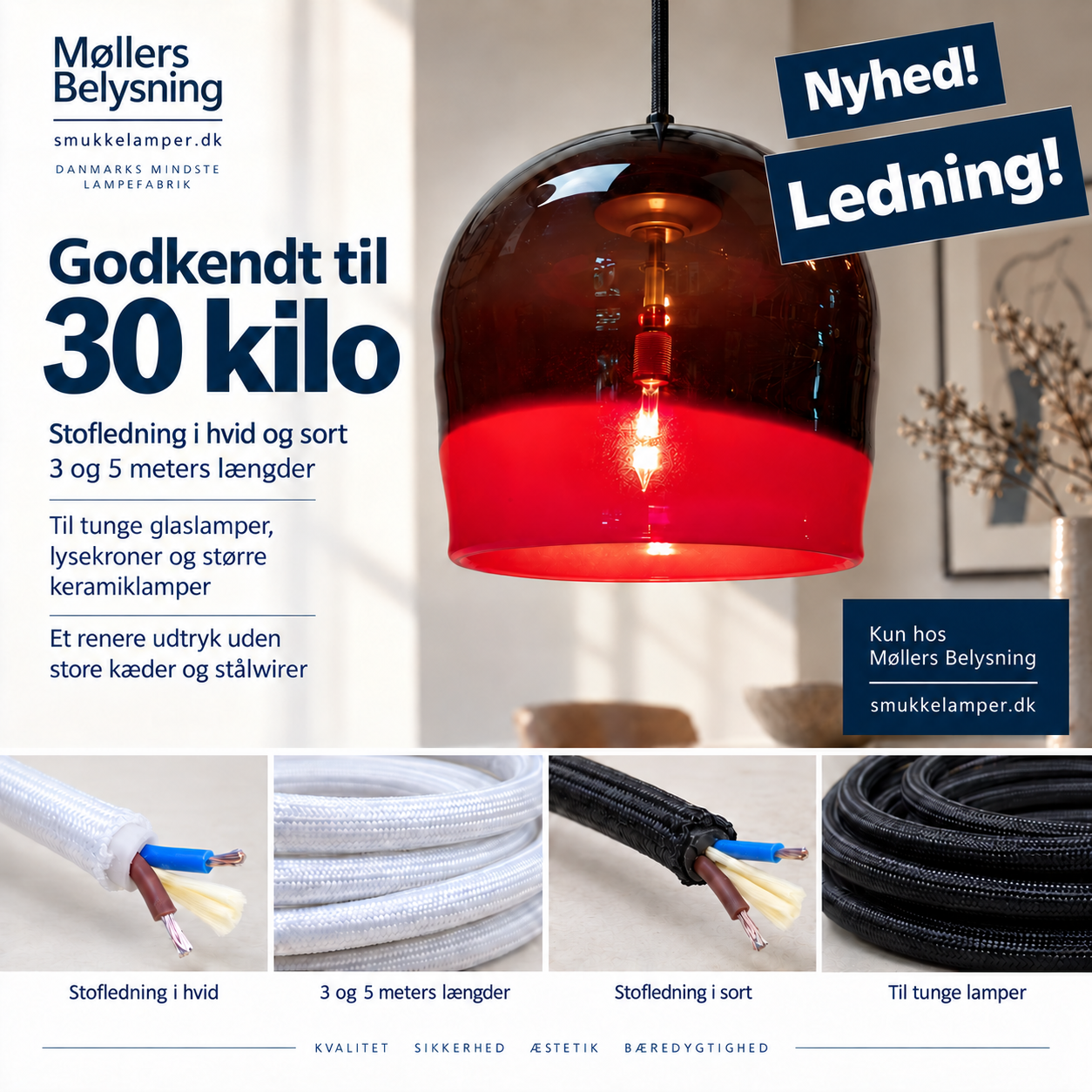 5 meter Special SORT stofledning til større lampeglas. Bæreevne godkendt til 30 kilo. Læs info. – produktbillede 6 – Nye Ledninger og stik – Danske design lamper