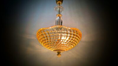 Orrefors palæ loftlampe fra 1940. 5 kilo glas. Professionelt restaureret. 56 cmH. Ø33 – Orangeri og udestue belysning