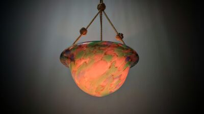 Skøn Antik Lyserød/ grønblå ampel i glas. 1930. Ø29. 63 cm fast nedhæng. Delvist nyt el. – Det grønne hjørne